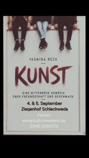 Am 4. und 5. September
Sommertheater der kulturreederei
"Kunst"
von der Autorin von "Der Gott des Gemetzels"
Yasmina Reza
Karten unter: www.kulturreederei.de und 0345-2084173
#ziegenhofschleckweda #Theater #Sommerhighlight